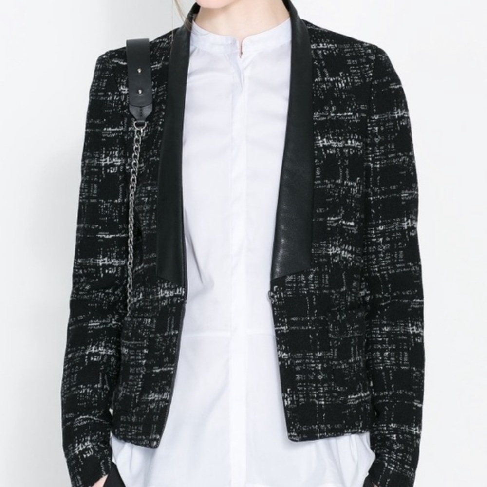 Tweed blazer with faux leather trim